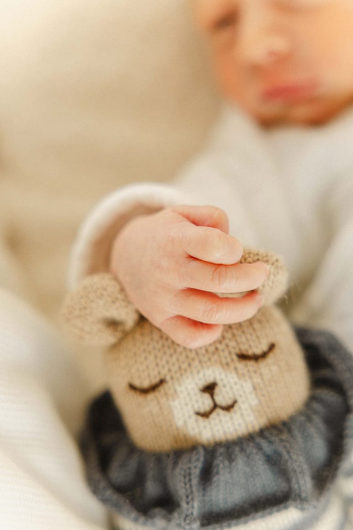 Main de bébé posée sur son doudou, séance nouveau-né